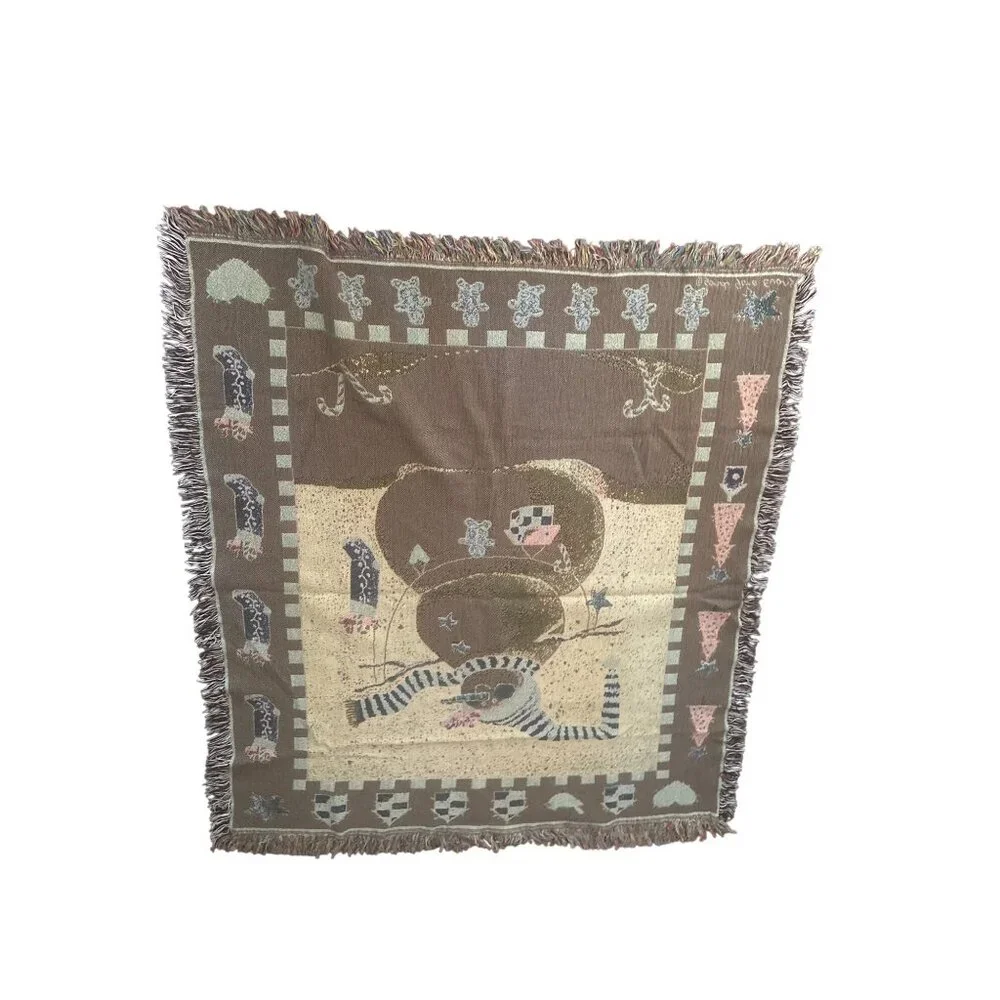 Sandra Gore Evans Woven Tapestry Throw Blanket Snowman & Cat Design 50